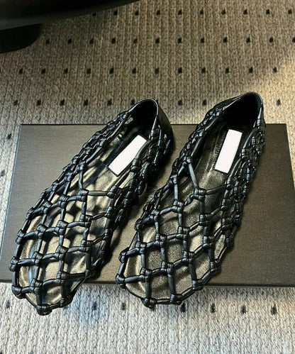 Black Cowhide Leather Boho Splicing Water Sandals Hollow Out