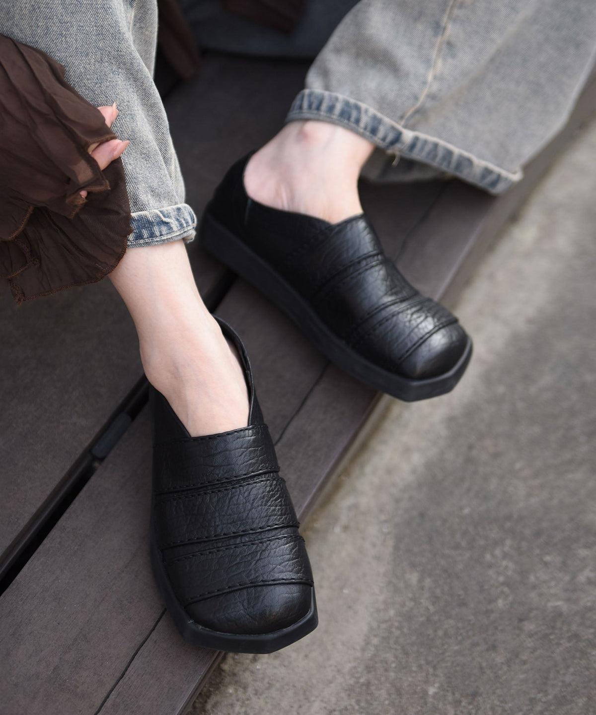 Black Cowhide Leather Casual Splicing Loafers For Women