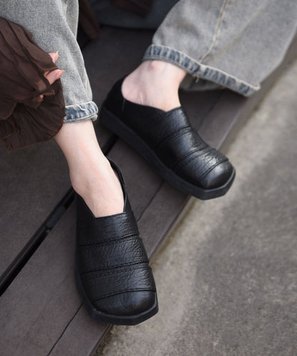 Black Cowhide Leather Casual Splicing Loafers For Women