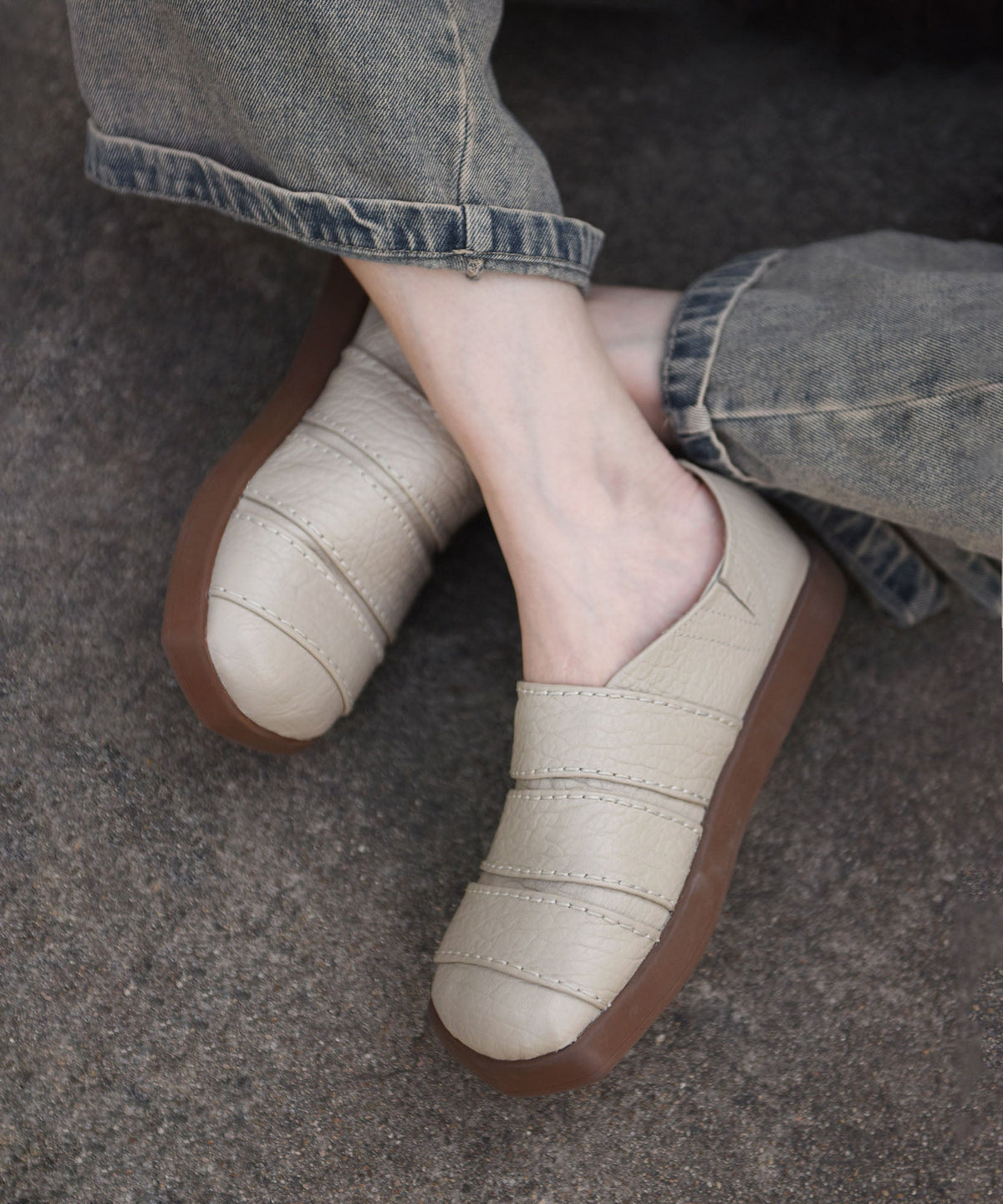 Black Cowhide Leather Casual Splicing Loafers For Women