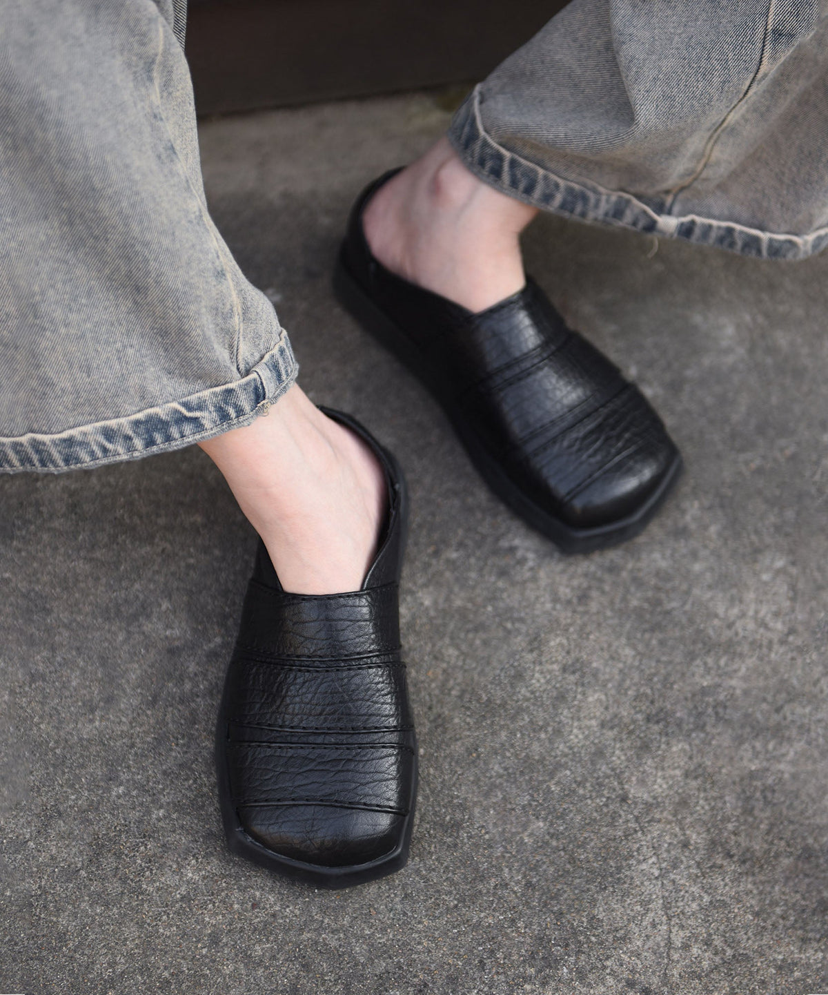 Black Cowhide Leather Casual Splicing Loafers For Women