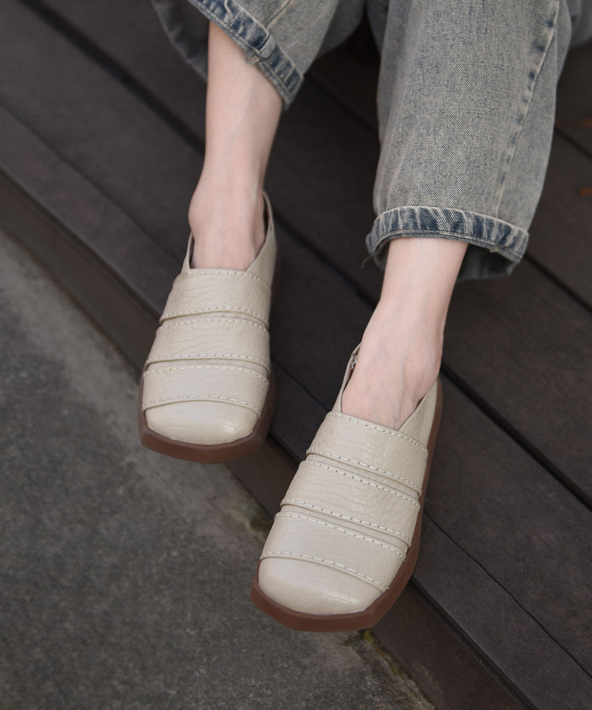 Black Cowhide Leather Casual Splicing Loafers For Women