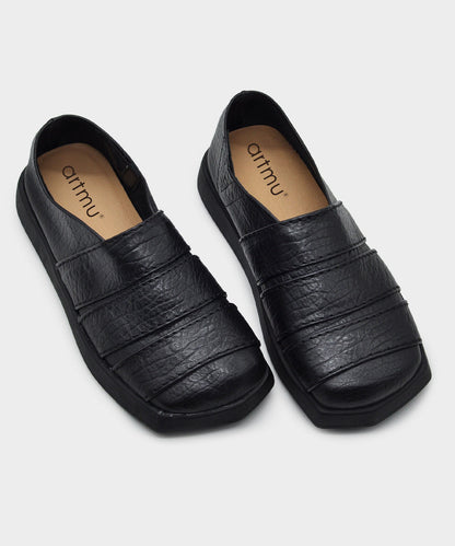 Black Cowhide Leather Casual Splicing Loafers For Women