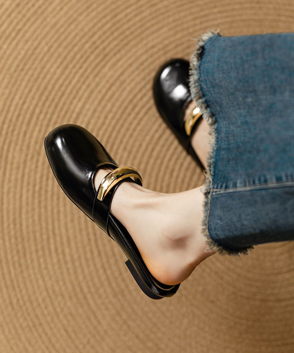Black Cowhide Leather Chic Splicing Sequined Slide Sandals