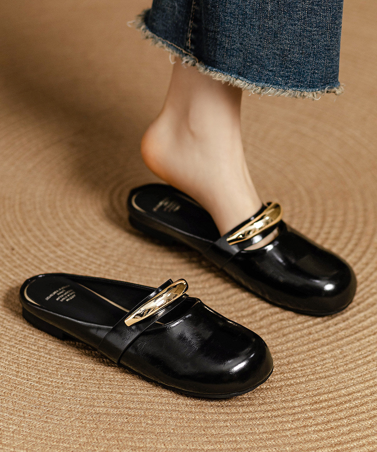 Black Cowhide Leather Chic Splicing Sequined Slide Sandals