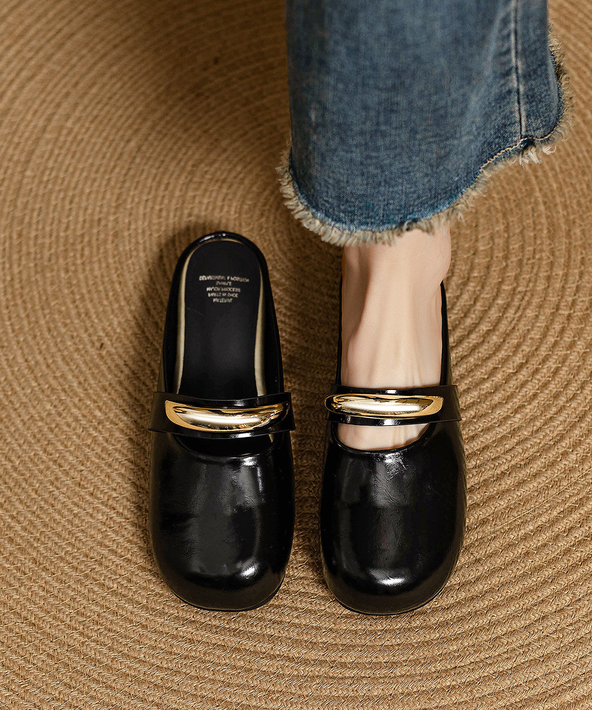 Black Cowhide Leather Chic Splicing Sequined Slide Sandals