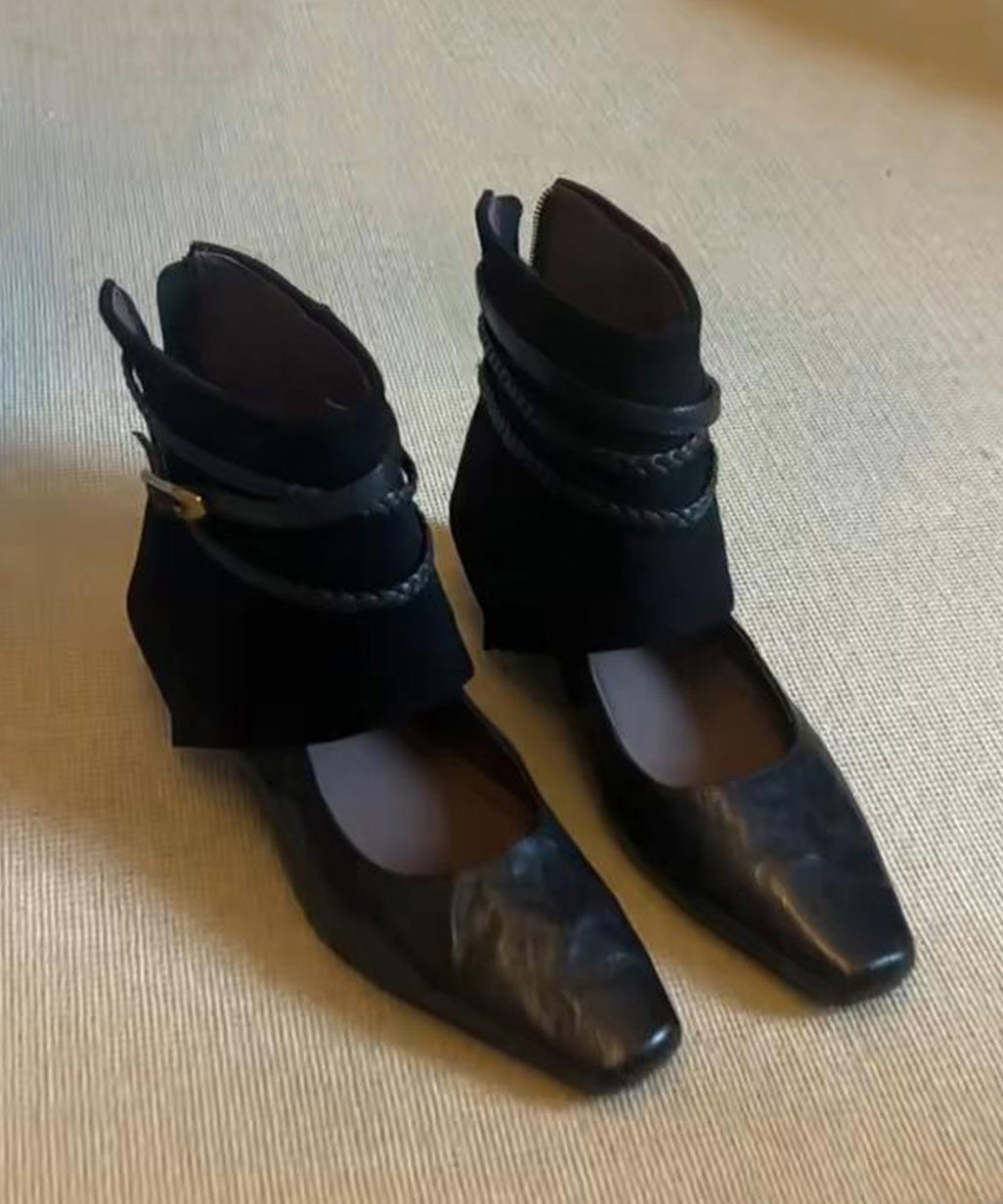 Black Cowhide Leather Hollow Out Splicing Boots