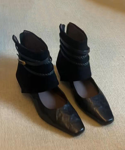 Black Cowhide Leather Hollow Out Splicing Boots