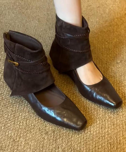 Black Cowhide Leather Hollow Out Splicing Boots