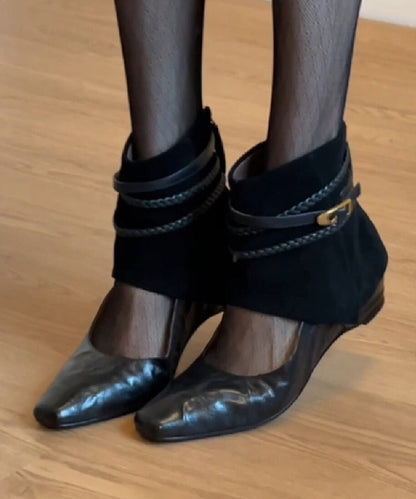 Black Cowhide Leather Hollow Out Splicing Boots
