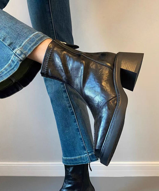Black Cowhide Leather Splicing Chunky Heel Boots
