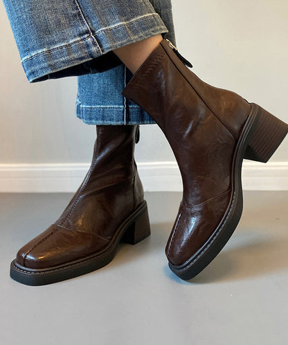 Black Cowhide Leather Splicing Chunky Heel Boots