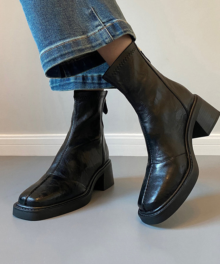 Black Cowhide Leather Splicing Chunky Heel Boots