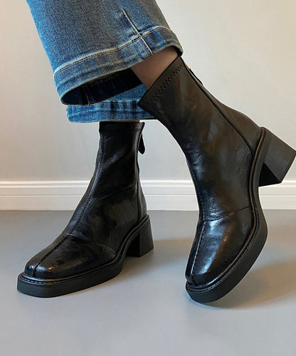 Black Cowhide Leather Splicing Chunky Heel Boots