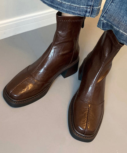 Black Cowhide Leather Splicing Chunky Heel Boots