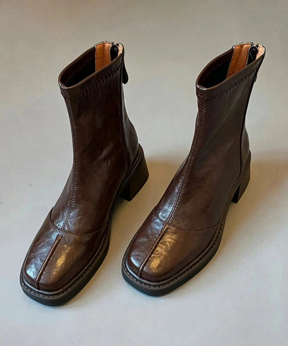 Black Cowhide Leather Splicing Chunky Heel Boots