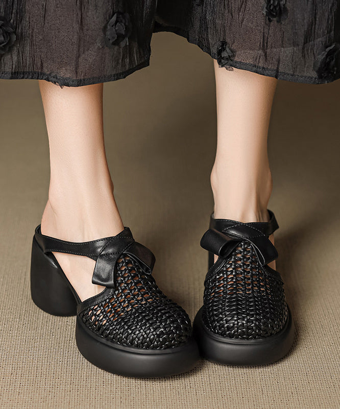 Black Cowhide Leather Splicing Chunky Heel Slide Sandals Hollow Out
