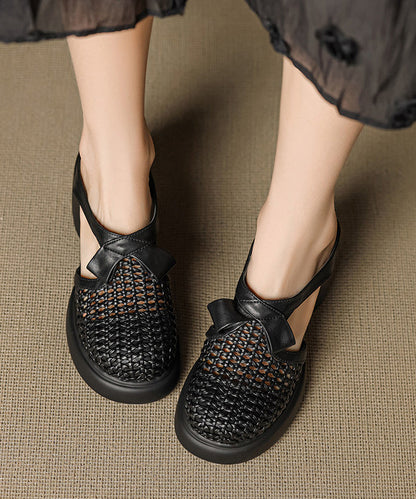 Black Cowhide Leather Splicing Chunky Heel Slide Sandals Hollow Out