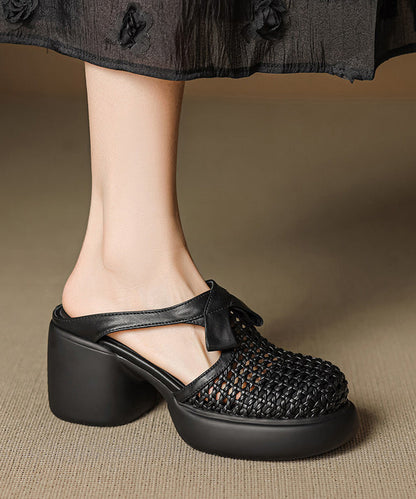 Black Cowhide Leather Splicing Chunky Heel Slide Sandals Hollow Out