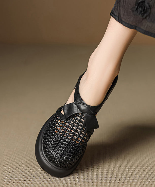 Black Cowhide Leather Splicing Chunky Heel Slide Sandals Hollow Out