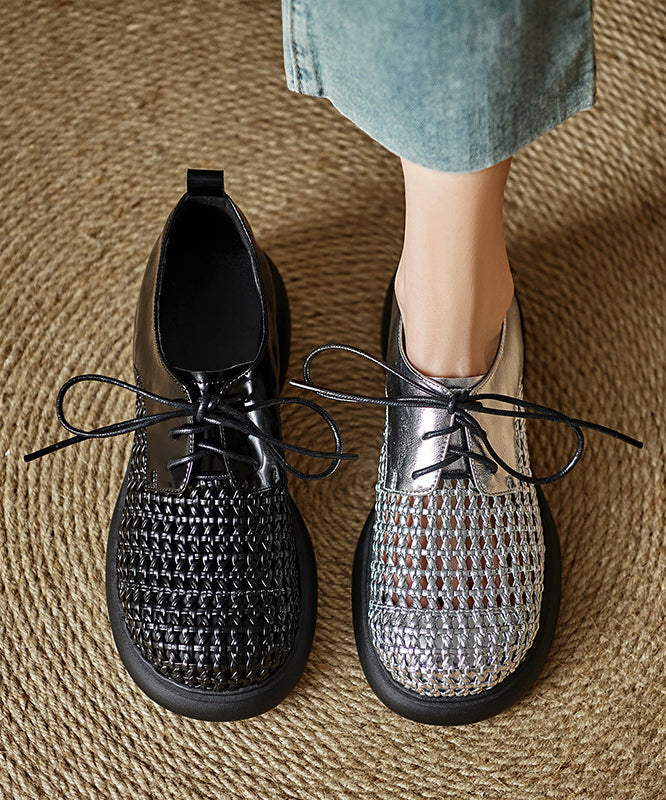 Black Cowhide Leather Splicing Platform Shoes Hollow Out Lace Up