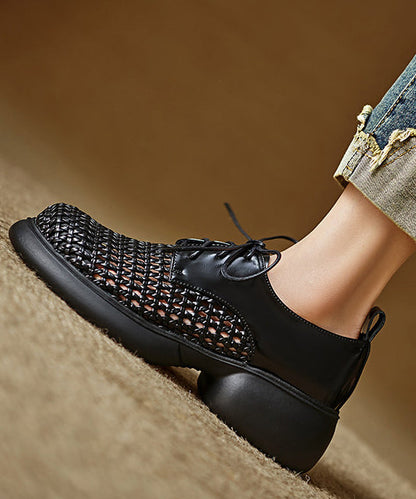 Black Cowhide Leather Splicing Platform Shoes Hollow Out Lace Up