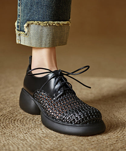Black Cowhide Leather Splicing Platform Shoes Hollow Out Lace Up