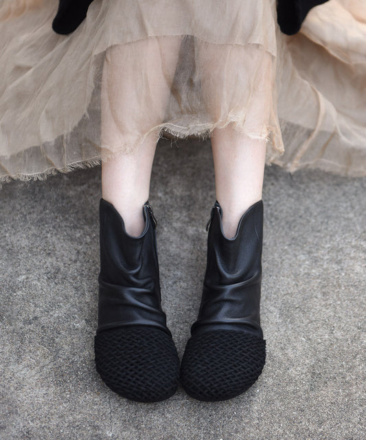 Black Cowhide Leather Vintage Zippered Splicing Boots