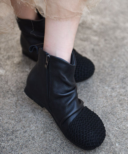 Black Cowhide Leather Vintage Zippered Splicing Boots