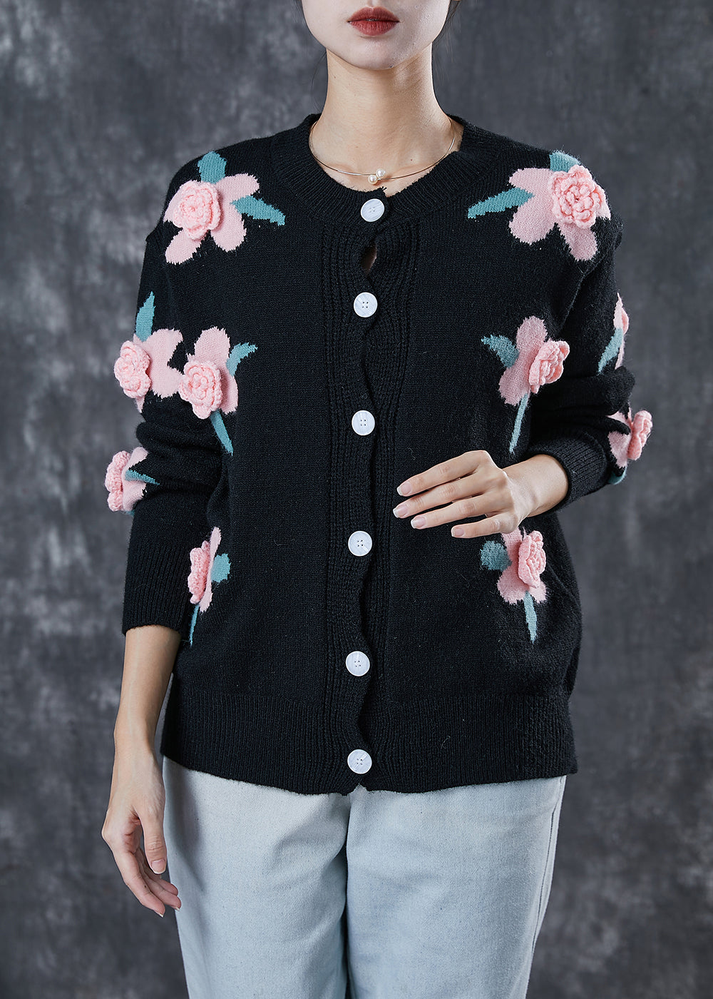 Spring Floral Cardigan Black Cozy Knit Cardigans Stereoscopic Floral Spring – MyPlusWear
