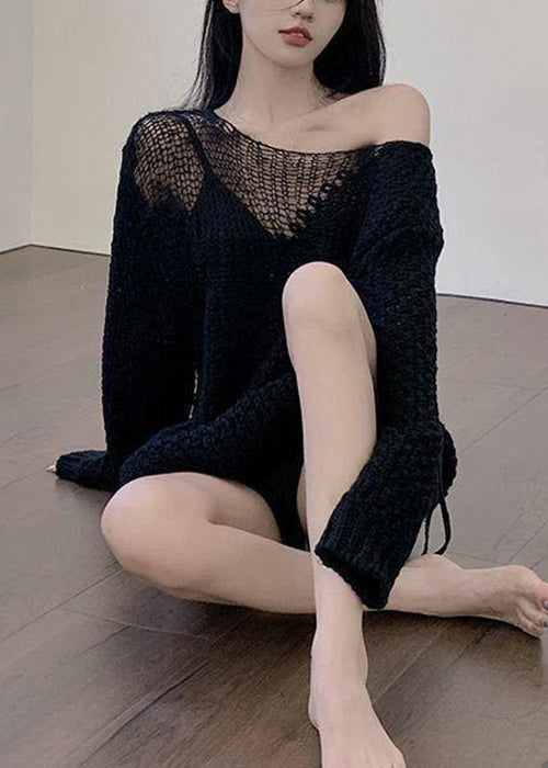 Black Cozy Knit Spring Sweater Hollow Out
