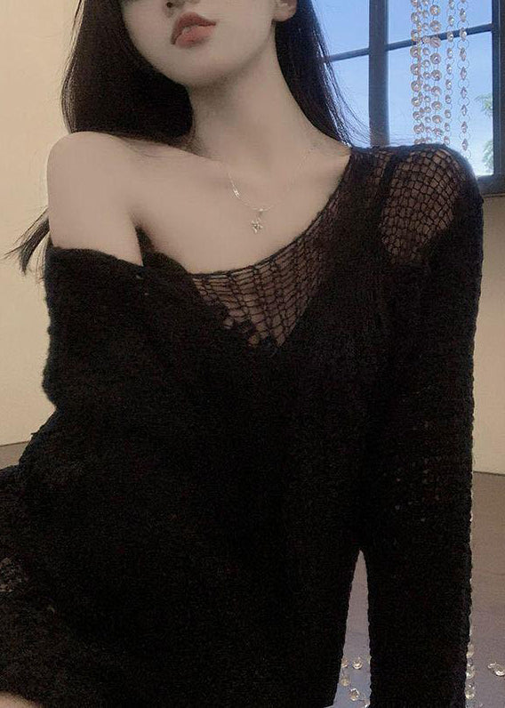 Black Cozy Knit Spring Sweater Hollow Out