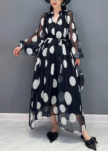 Black Dot Dreamland Tie Waist Chiffon Long Dress Puff Sleeve