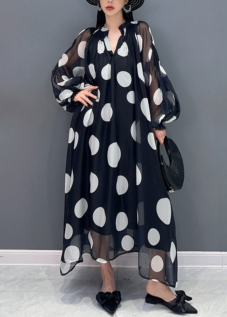 Black Dot Dreamland Tie Waist Chiffon Long Dress Puff Sleeve