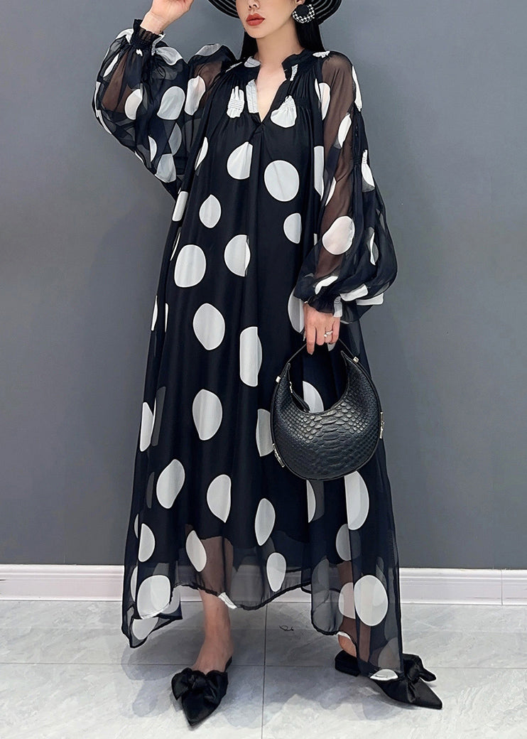 Black Dot Dreamland Tie Waist Chiffon Long Dress Puff Sleeve