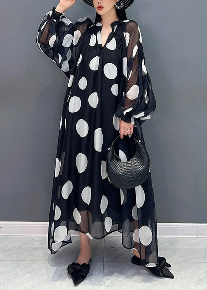 Black Dot Dreamland Tie Waist Chiffon Long Dress Puff Sleeve