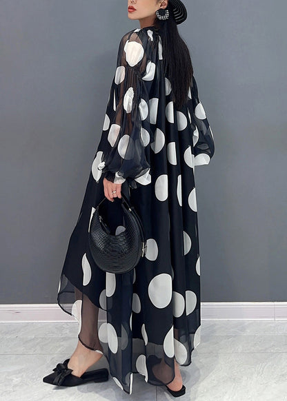 Black Dot Dreamland Tie Waist Chiffon Long Dress Puff Sleeve
