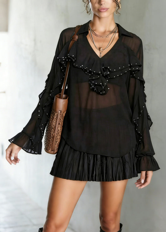 Black Draping Chiffon Shirt Tops Ruffled Nail Bead Spring