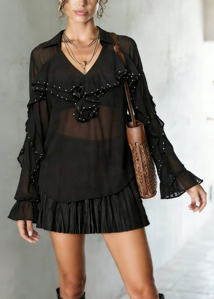 Black Draping Chiffon Shirt Tops Ruffled Nail Bead Spring