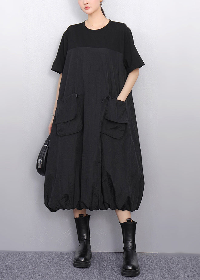 Black Drawstring Pockets Summer Long Dress O Neck
