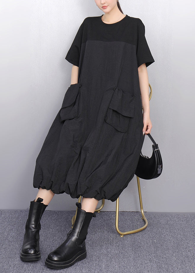 Black Drawstring Pockets Summer Long Dress O Neck