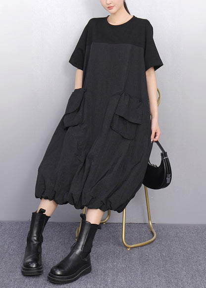 Black Drawstring Pockets Summer Long Dress O Neck