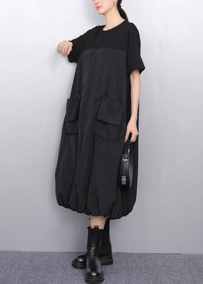 Black Drawstring Pockets Summer Long Dress O Neck