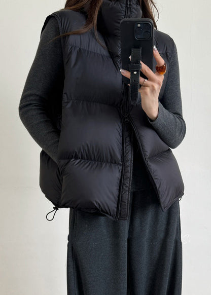 Black Drawstring Solid Duck Down Winter Waistcoat Zip Up