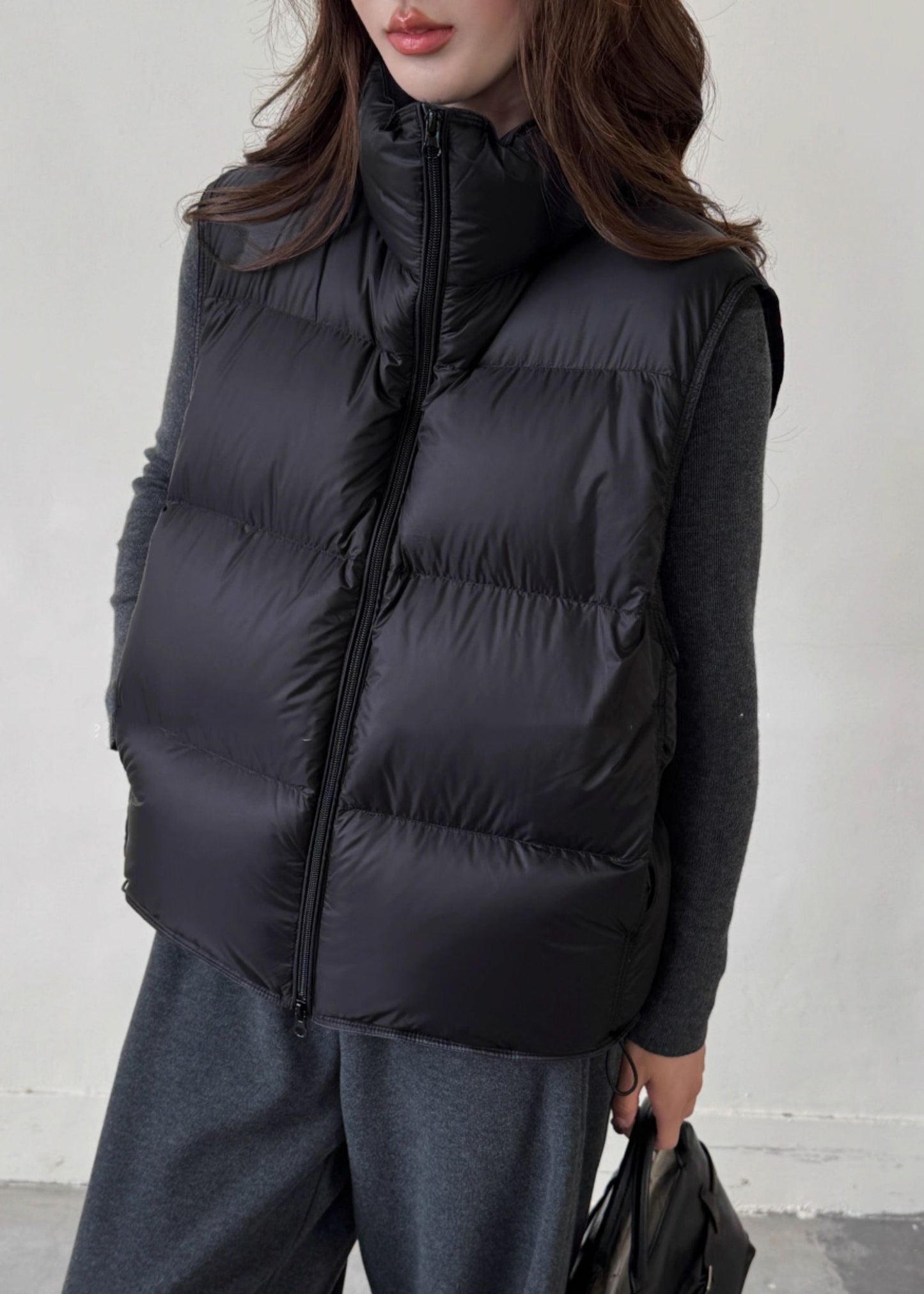 Black Drawstring Solid Duck Down Winter Waistcoat Zip Up