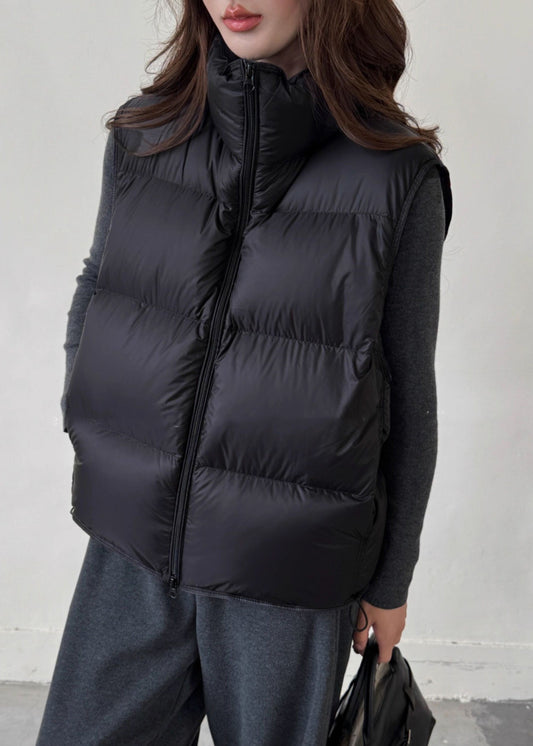 Black Drawstring Solid Duck Down Winter Waistcoat Zip Up