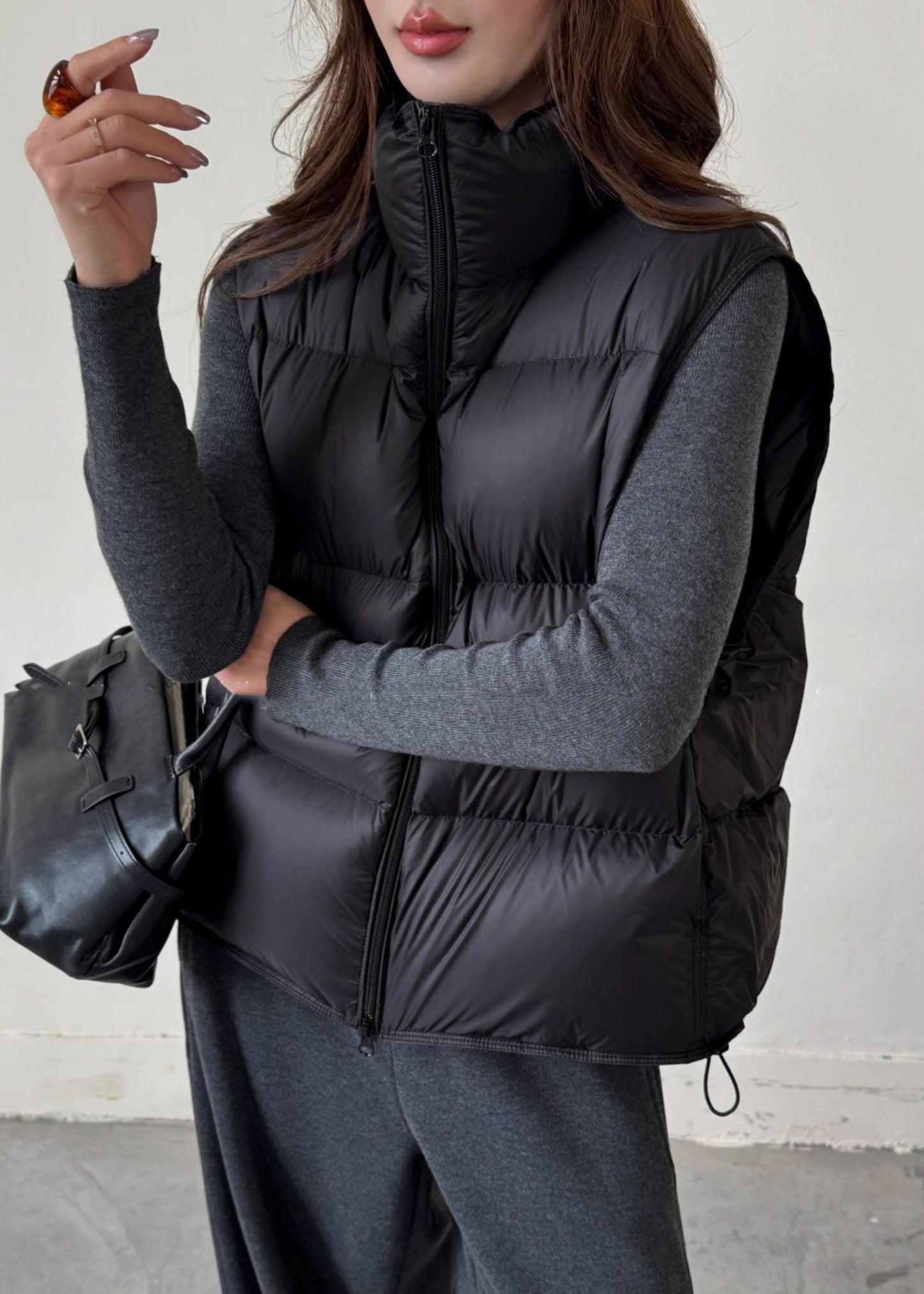 Black Drawstring Solid Duck Down Winter Waistcoat Zip Up