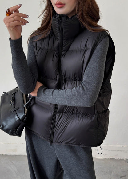 Black Drawstring Solid Duck Down Winter Waistcoat Zip Up