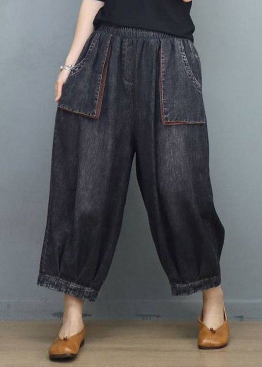 Black Elastic Waist Crop Wide Leg Jeans
