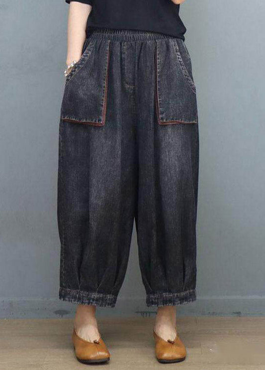 Black Elastic Waist Crop Wide Leg Jeans